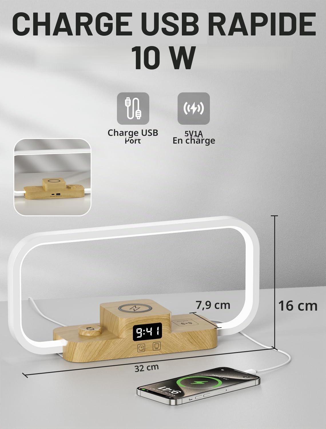 Lampe de Chevet Chargeur sans Fil, Lampe de Table Dimmable 5 Couleurs à Commande Tactile, Lampe Bureau avec Horloge et Port USB, pour Lecture Chambre Bureau, Blanc