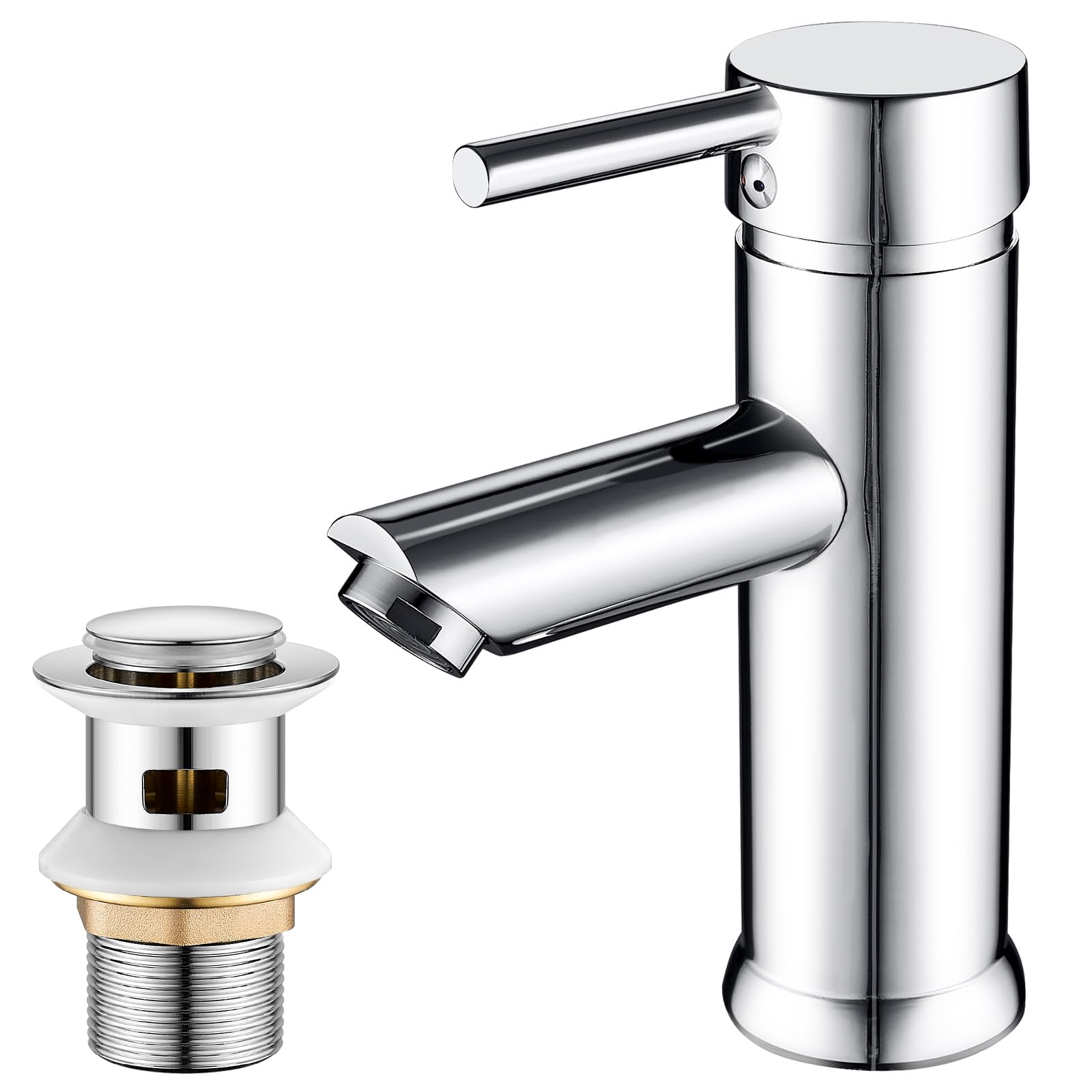 kisimixer Waschtischarmatur mit Zugstangen-Ablaufgarnitur Schlitz, Einhebelmischer Heiß und Kalt Edelstahl Waschbecken Armaturen mit G1/2 Schläuchen, Chrom