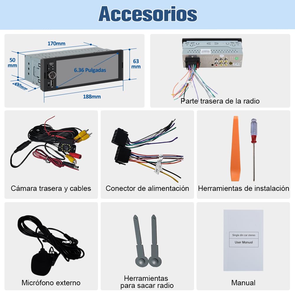 Radio de Coche 1 DIN Universal con Carplay y Android Auto Inalámbrico,Autoradio 1 DIN con Pantalla Táctil de 6.36 Pulgadas y Cámara Trasera, Admite Bluetooth/Mandos Volante/FM/USB/TF