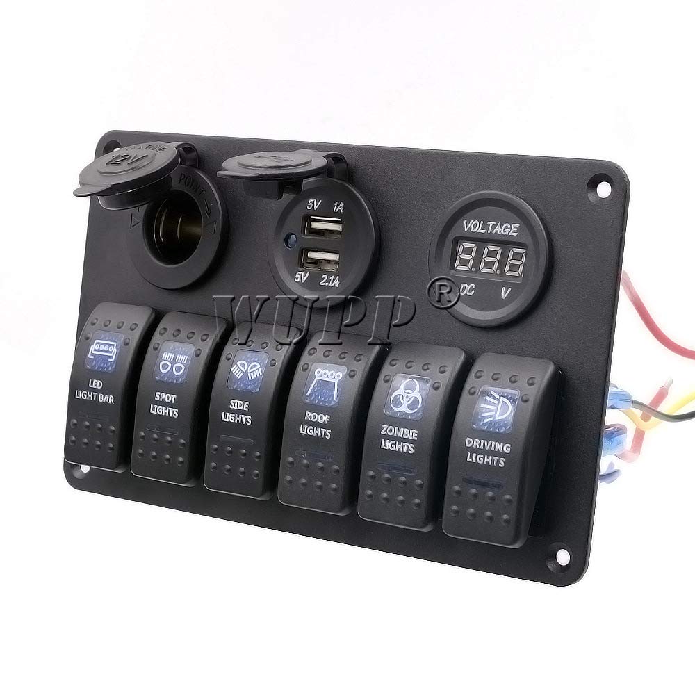 Cyfrowy 6-stopniowy panel przełącznika kołyskowego LED, 12 V, podwójne gniazdo zapalniczki, woltomierz, wyświetlacz, ochrona przed przeciążeniem, do samochodu, łodzi, kampera (6-drożny niebieski)