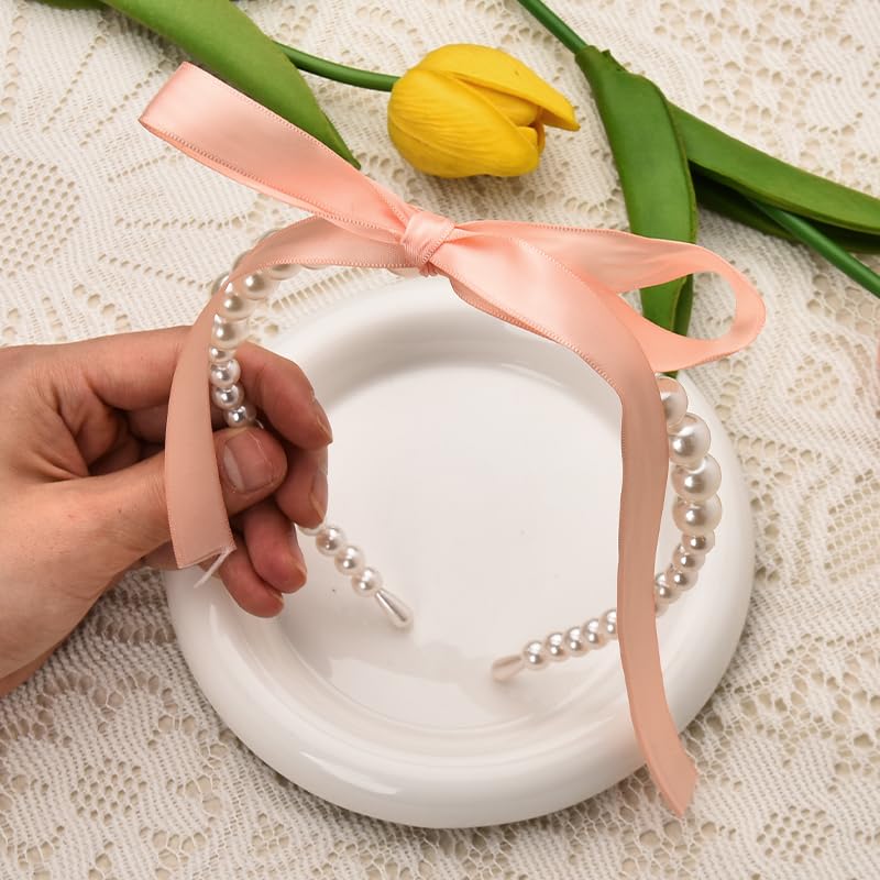 Condition photo showing New/Like New for yangqian pink bow pearl headbands for women girls bowknot headband for women girls pearl bow hair accessories for party prom bows pearls hair band bridal headpieces for wedding