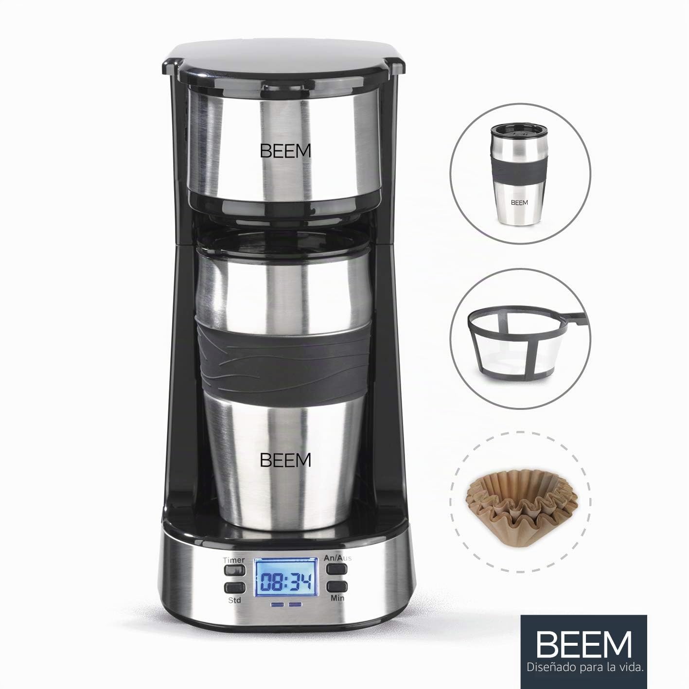 BEEM THERMO 2 GO Cafetera de filtro individual con taza térmica | Incluye taza de café de 0,4 l para llevar | Con temporizador de 24 horas para una taza de café caliente sin esperar | 750 W