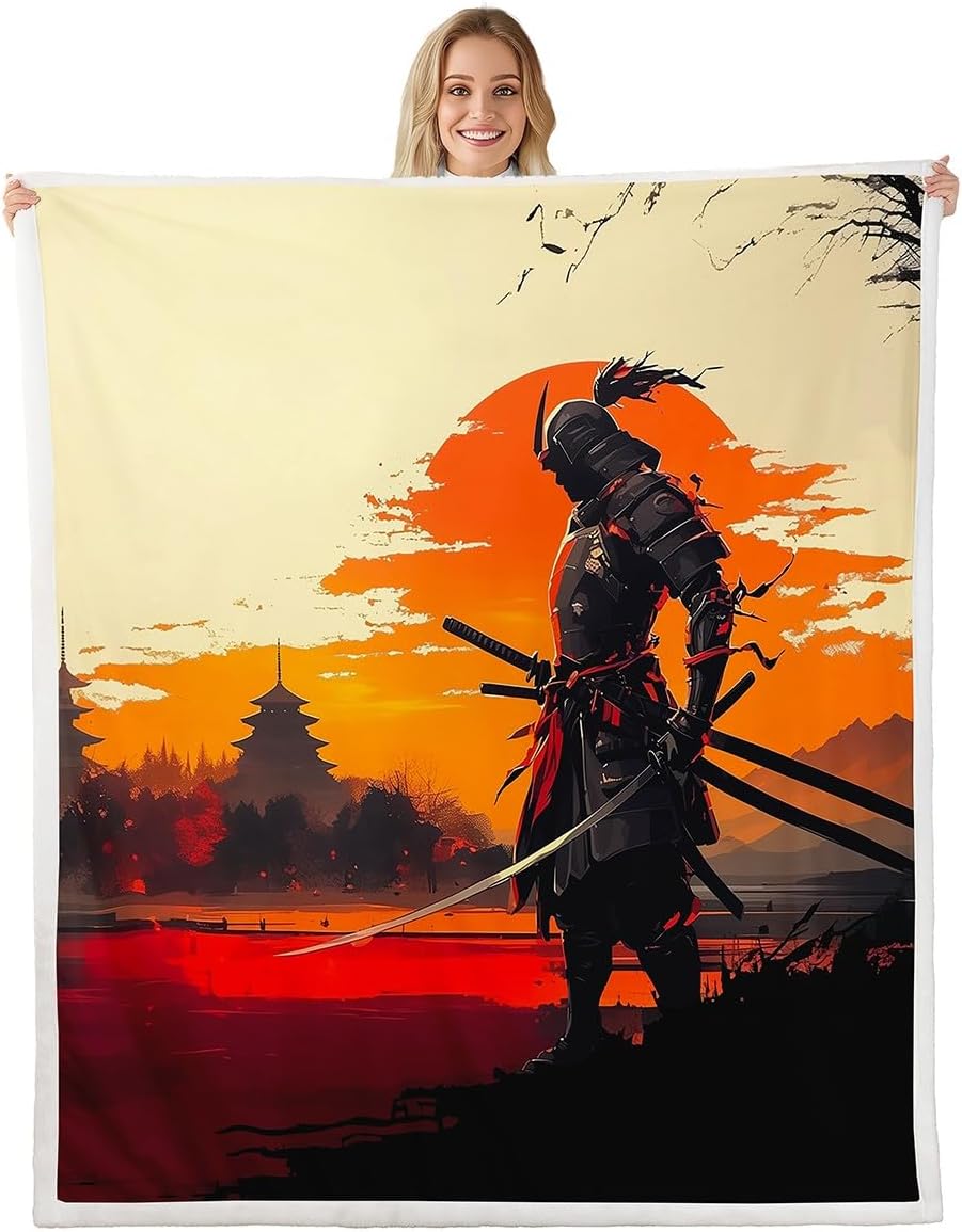 Feelyou Japanese Fleece Throw Blanket Twin 60"x80" Samurai Plush Blanket Sunset Sherpa Blanket Traditional Retro Theme Fuzzy BlanketBeige Orange Flannal Blanket