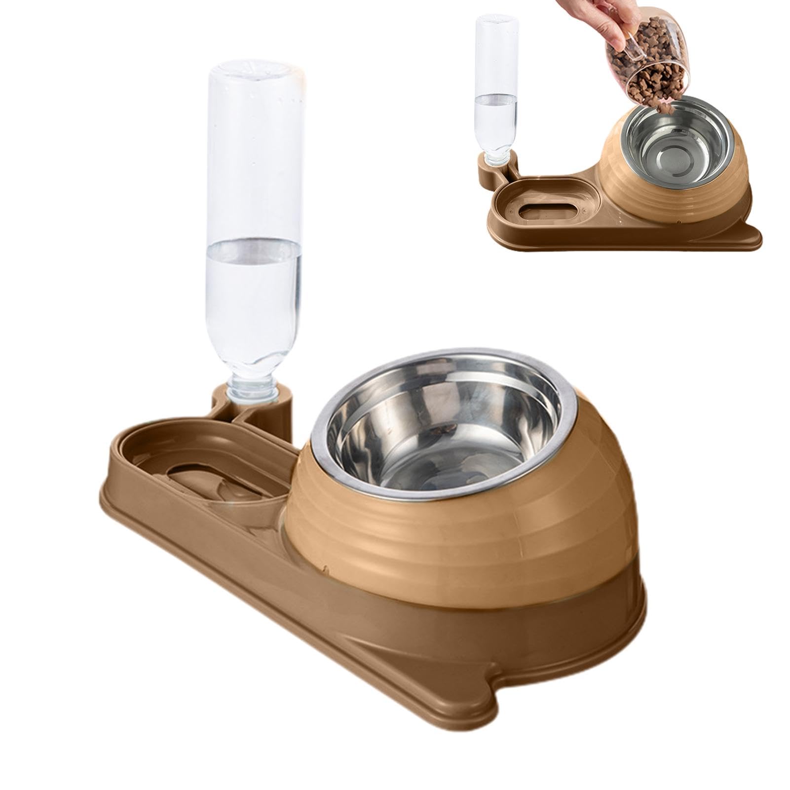 Comedero para Mascotas, Comedero for Gatos con dispensador de Agua - for Botella | Set comedero y Bebedero Inclinado Estable for Mascotas(Dark Brown)