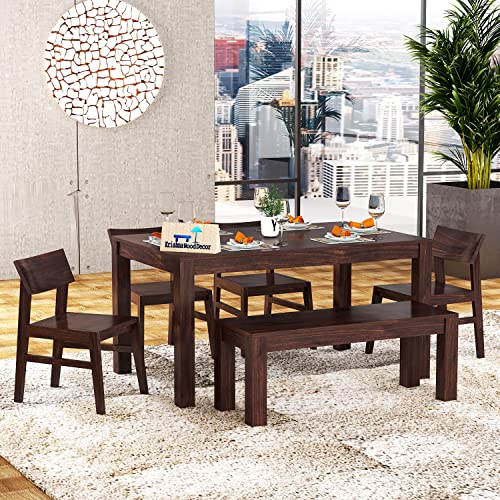 Krishna Wood Decor Solid Sheesham Wood 6 Seater Dining Table with Chairs | Dining Room Furniture | Dining Table Sets | Wooden 6 Seater Dining Table | Dining Table with Bench, Walnut Finish