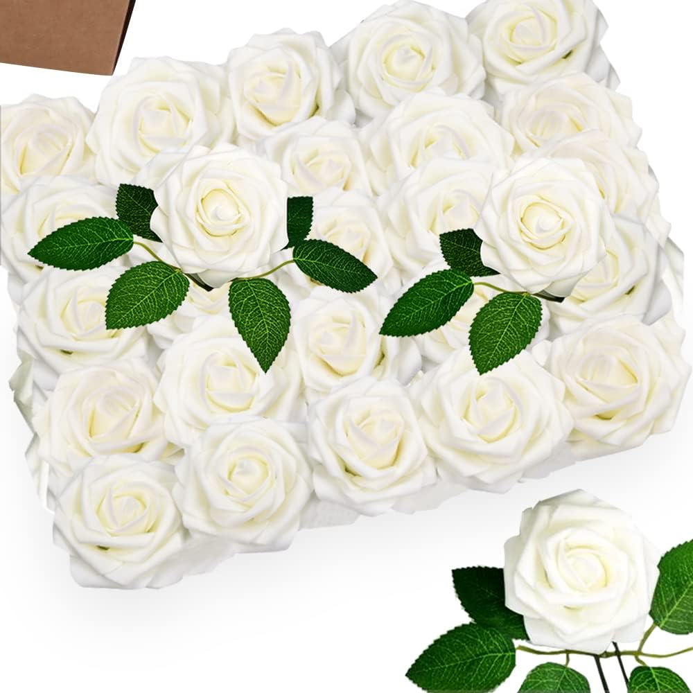 Noczom 25 White Artificial Roses, Artificial Simulation Roses, Roses Foam Flowers With Rods Plus Leaves,Artificial Foam Roses, Foam Fake Roses (White)