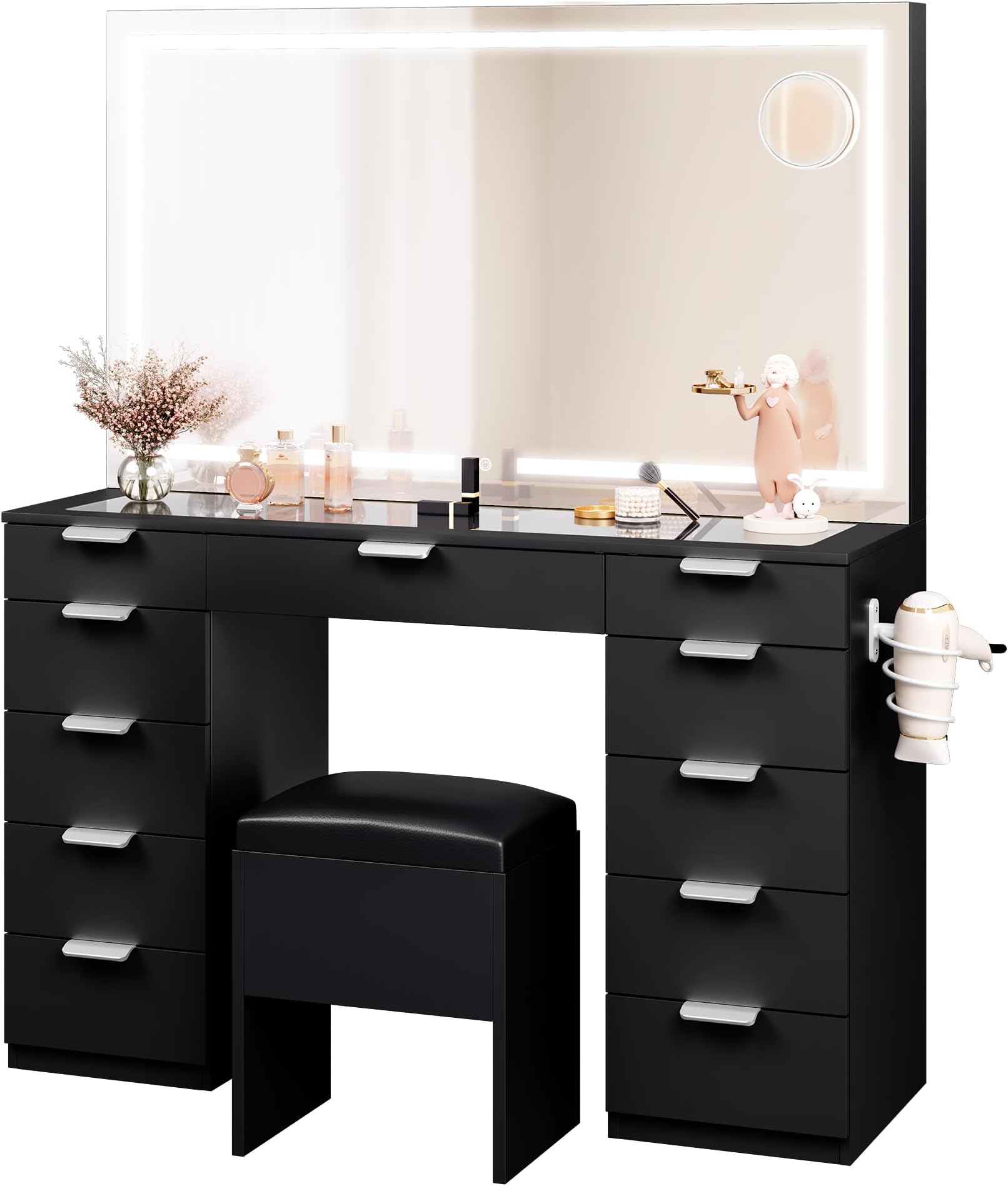 YITAHOME Dressing Table & stool set,Vanity Desk w/ 3-Color LED Lights Mirror,Lights Brightness Adjustable,Transparent Glass Top Vanity Table with 11 Drawers,Power Outlet,Black Makeup Desk for Bedroom