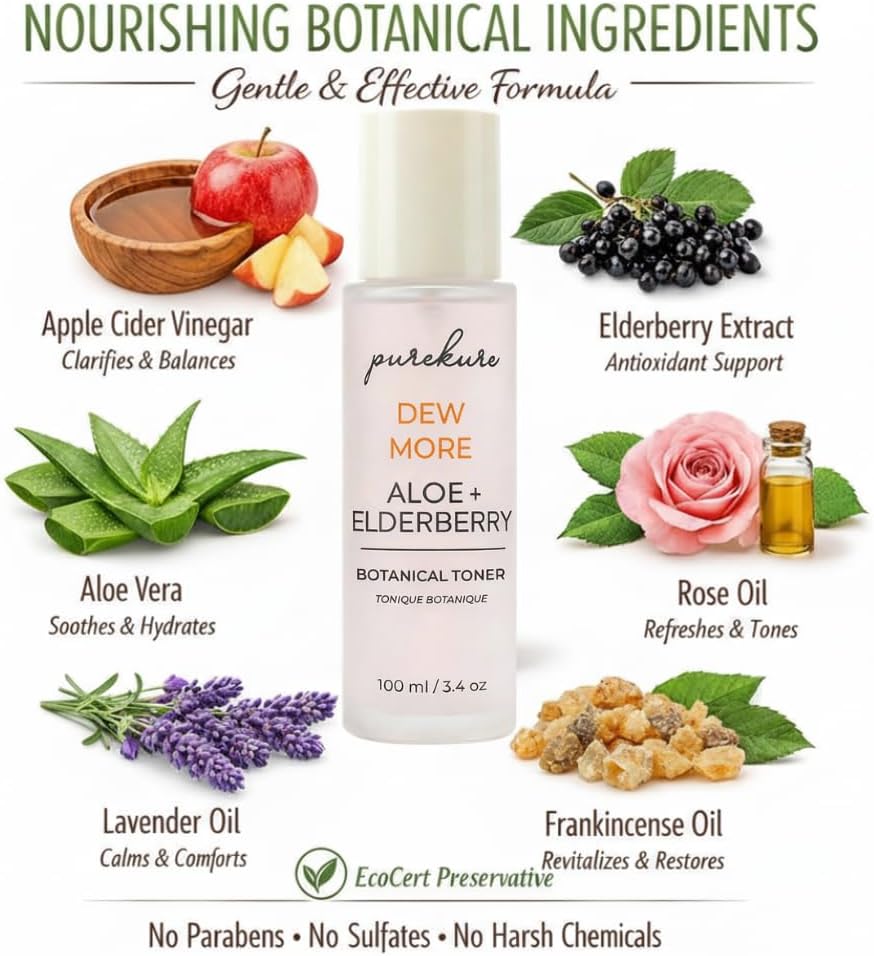 Facial Toner for Sensitive Skin – Hydrating & Pore Minimizing Organic Toner with Aloe & Elderberry, Alcohol-Free, 100 mL