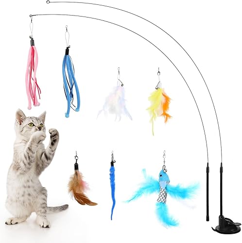 Pawaboo Juguetes de plumas para gatos, juguete interactivo para gatos con ventosa de 2 ranuras, 2 varitas desmontables para gatos y 7 piezas de
