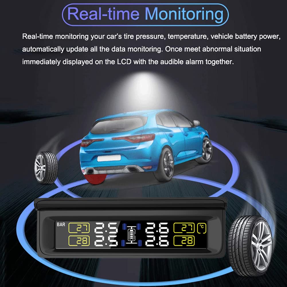 TPMS Solare Sistema di Monitoraggio della Pressione (0-8BAR), Monitor Wireless TPMS con 4 Sensori di Pressione dei Pneumatici, Display in Tempo Reale, Pressione E Temperatura