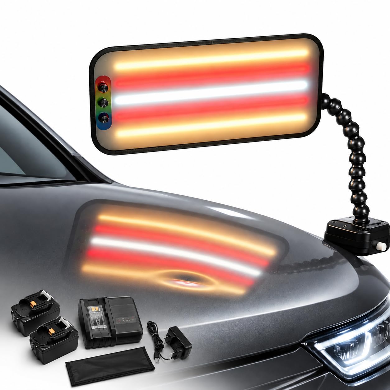 Car Dent Repair Kit with 5 Strips RGB LED Paintless Dent Repair Light, Flexible Gooseneck 47cm, Cordless 2×5.0Ah Batteries,Car Dent Detection Tool,for Auto Body Shop,Vehicle Detailing&DIY Hail Damage