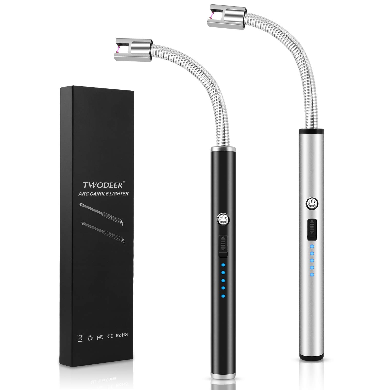 TWODEER Candle Lighter, 2 Pack USB Rechargeable Electric Lighter with LED Battery Display & Safety Switch, Flameless Long Flexible Neck Arc Lighter for Candle Camping Grill Stoves (Black & Silver)