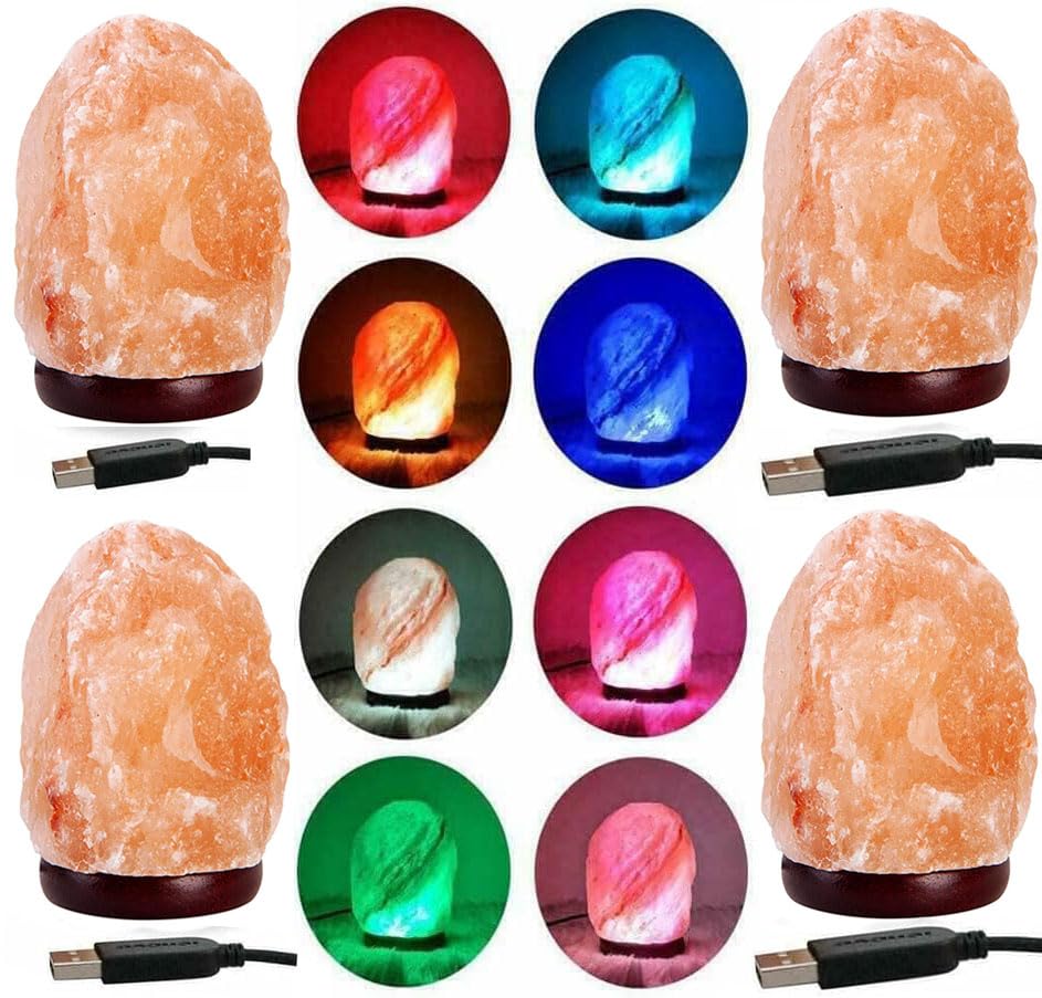 Himalayan Pink Salt 8 Colour Changing USB Salt Rock Lamp USB Natural Salt Lamp Light Glow Hand Crafted Night Light for Lighting Pink Mini Lamp Home Decoration (Pack of 4)