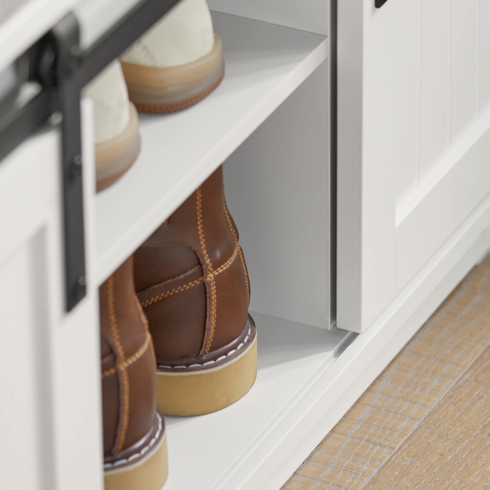 SoBuy Panca Scarpiera Ingresso con Seduta e Vano Contenitore con Ante Scorrevoli - 120x35x45cm - Capacità di Carico Fino a 200kg, Design Salvaspazio per Ingresso e Camera da Letto, MDF E1 - FSR133-W