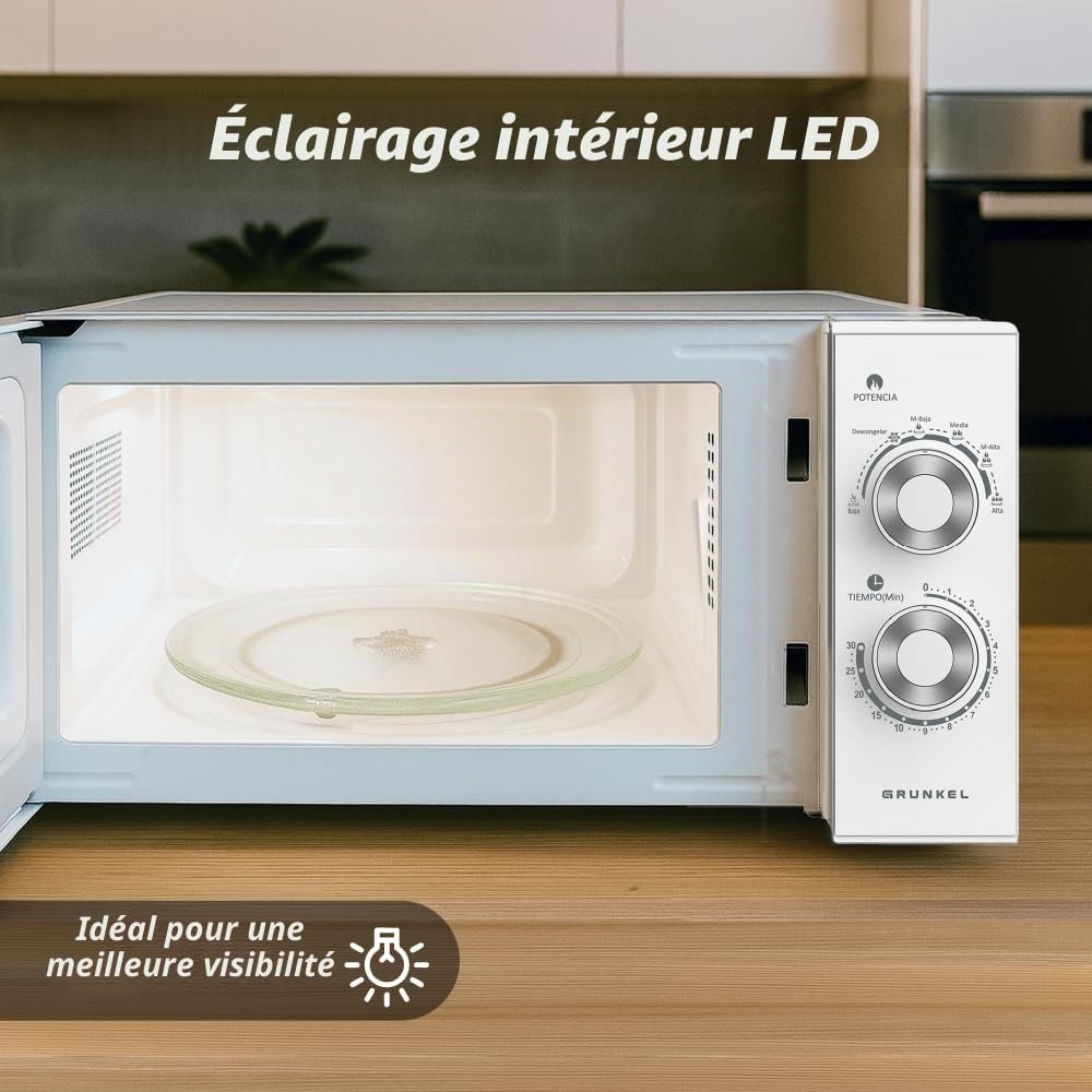 MG Micro-ondes sans grill 25 litres, 900 W 20MG 5-6 niveaux de puissance, 3 modes combinés, minuterie 30 min, ouverture avec poignée et plateau Ø245 mm (sans grill)