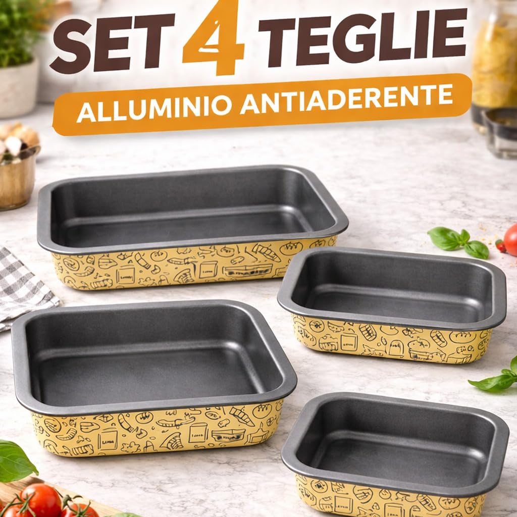 BAKAJI Set 4 Teglie Rettangolari da Forno 20-25 - 30-35 cm con Fondo Antiaderente e Cottura Omogenea, Ideale per Lasagne, Dolci, Facile da Pulire