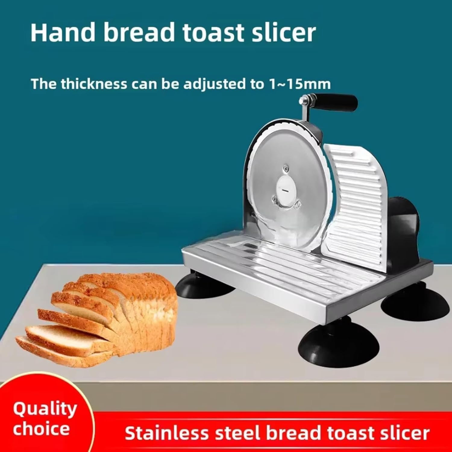 Cortador manual de pan de manivela – Máquina de corte de acero inoxidable con grosor de rebanada ajustable de 0 a 15 mm para uso doméstico y supermercado