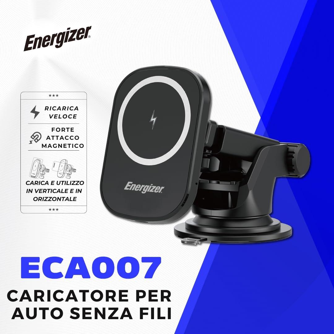 Energizer Caricatore Wireless Auto Magnetico con Ricarica da 15W | Supporto Auto MagSafe per iPhone e Android | Vari Accessori da Installazione su Cruscotto o Bocchette Aria, Sicura e Stabile - ECA007