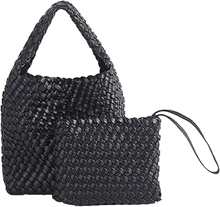 JINMANXUE 2 Pcs Handmade Woven Handbags For Women Shoulder Bag Female Fashion Beach Crossbody Purses Ladies Bucket Bag (Black)