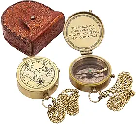 Bússola de latão com capa de couro – citação "The World Is a Book and Those Who Do Not Travel Read Only A Page" – Tampa gravada no mapa do mundo – Presente inspirador para viajantes, exploradores ou