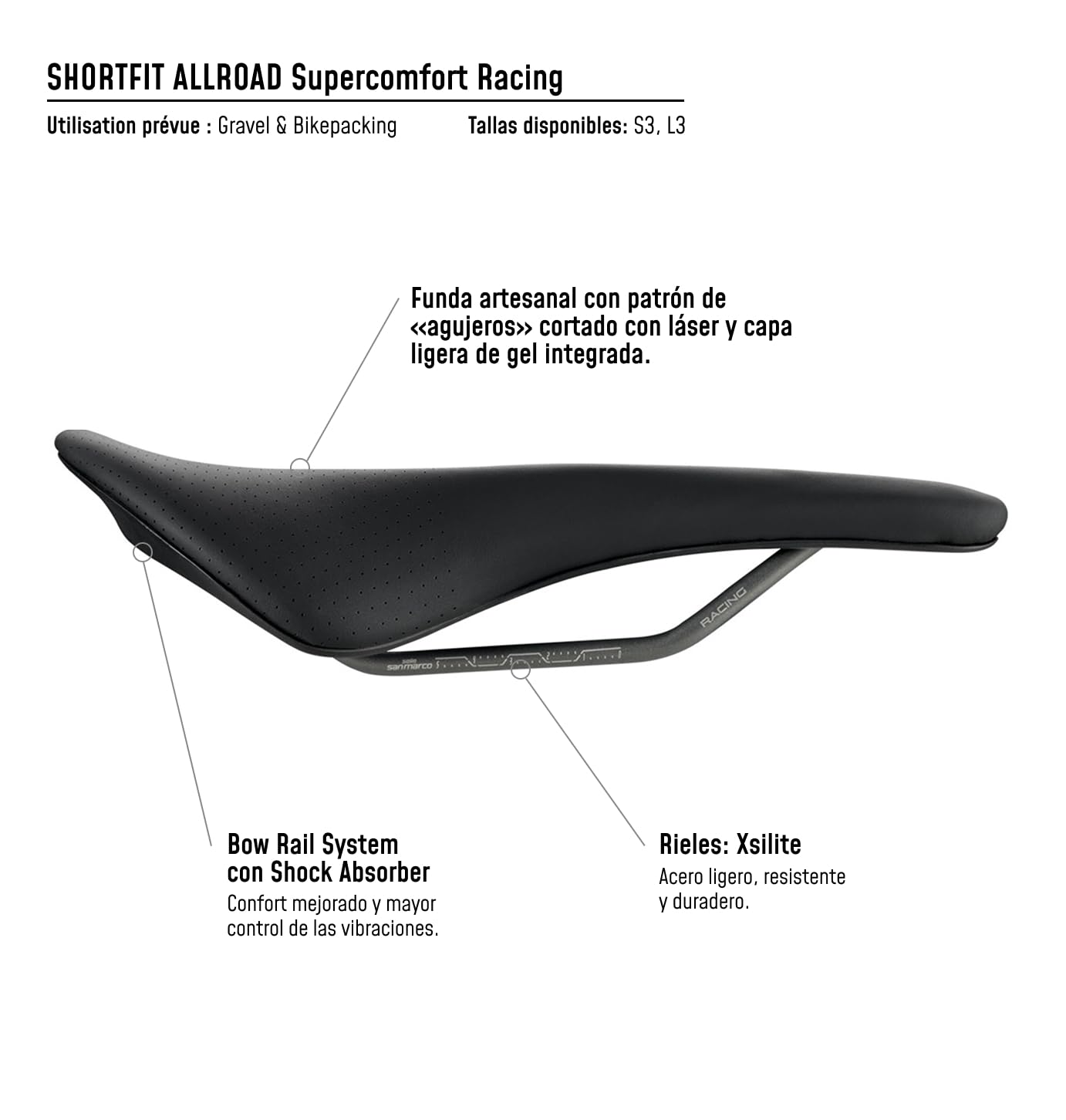 Selle San Marco Shortfit Allroad Supercomfort Racing – Sillín Gravel y All-Road, Confort con Gel Integrado, rieles de xsilita