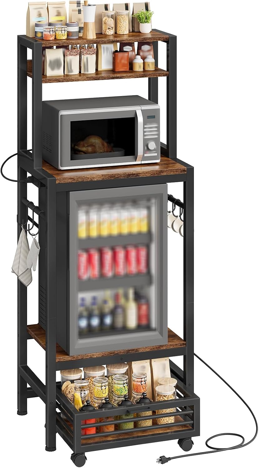 HOOBRO Mini Fridge Stand Shelf with Power Outlet and Movable Wire Basket | Mini Fridge Cabinet with Adjustable Shelves for Kitchen and Dorm, Mini Refrigerator Stand, Coffee Bar with Mini Fridge Space