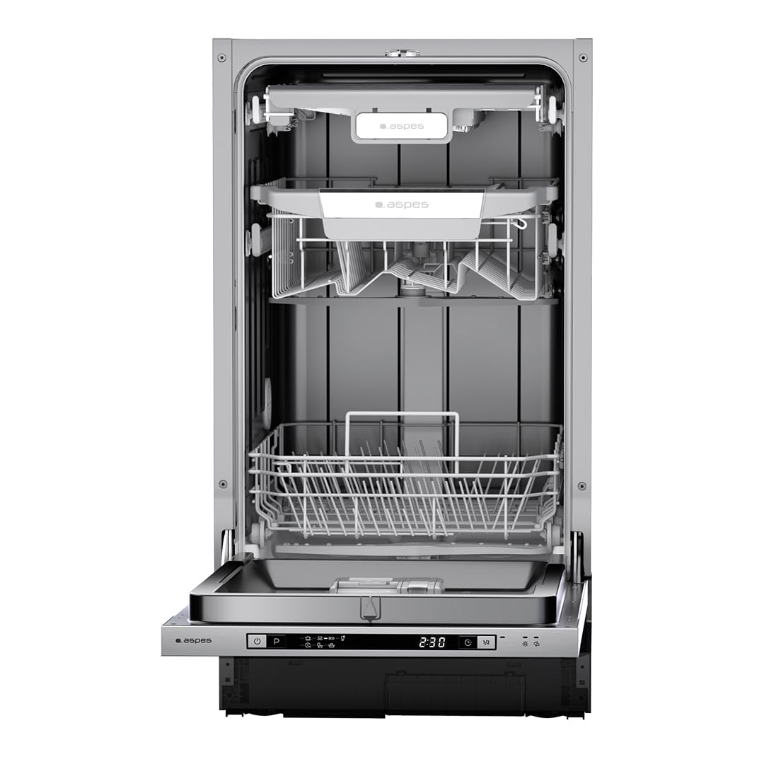 Aspes Lavavajillas Integrable 45cm Inox AJI104500ED. 2100W, 10 Cubiertos, 3 Bandejas, 7 Programas, Display LED manual, Eficiencia Energética Clase E