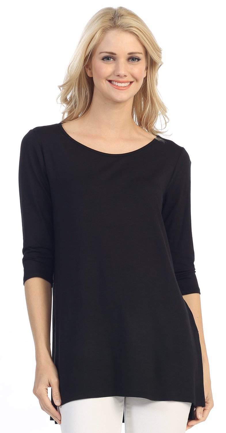 Womens Solid Basic Boat Neck Soft 3/4 Sleeve Pullover Slit Tunic Shirt Blouse Top