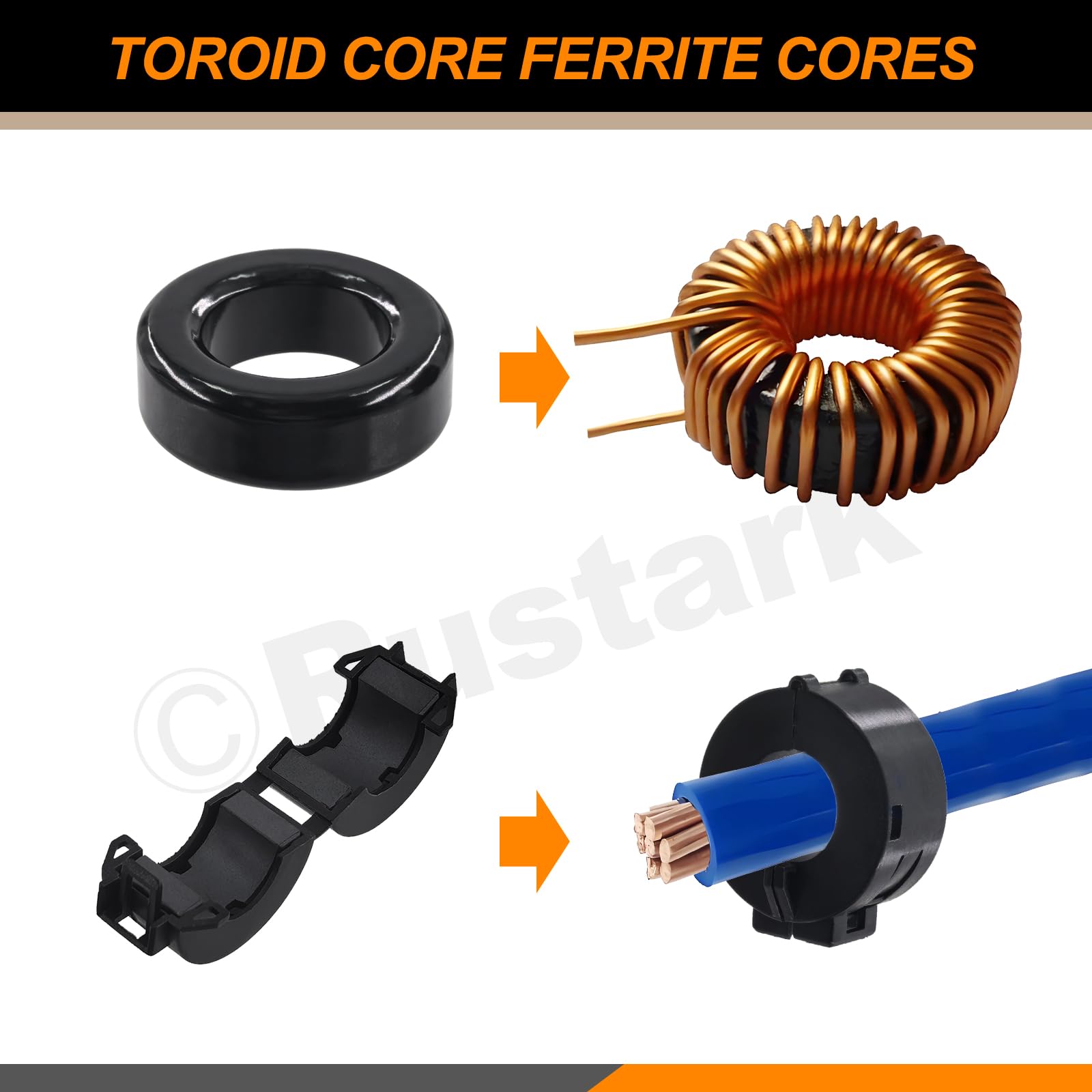 Rustark 22Pcs 6 Sizes Black Clip-on Ferrite Ring Core Toroid Core