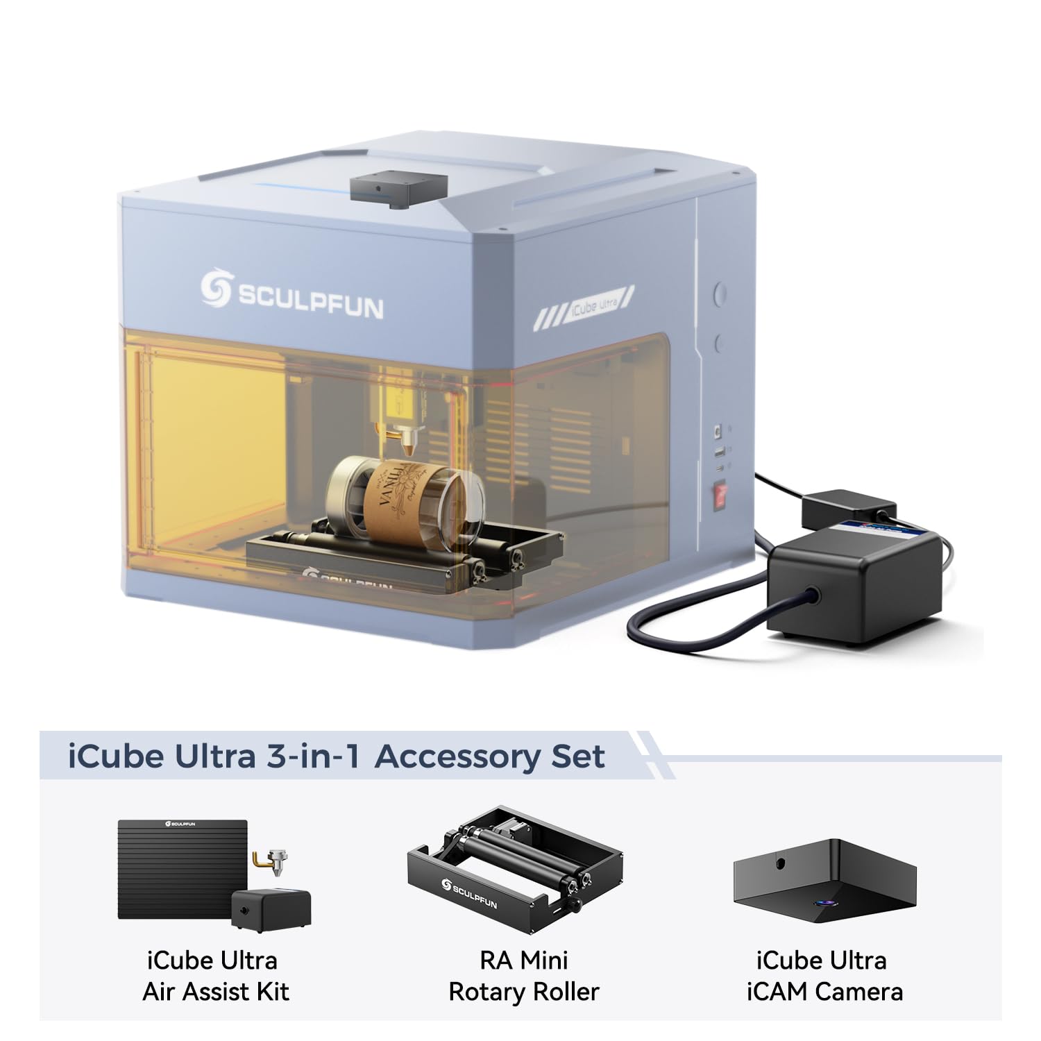 SCULPFUN iCube Ultra Deluxe Macchina per incisione laser a doppio laser 12W+1.2W con kit di aggiornamento accessori PAC3 (fotocamera iCAM, rullo RA Mini, pompa dell'aria iAP e piano di taglio)