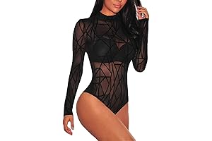 Women's Sexy Black Sheer Mesh Long Sleeve Jumpsuit Bodysuits