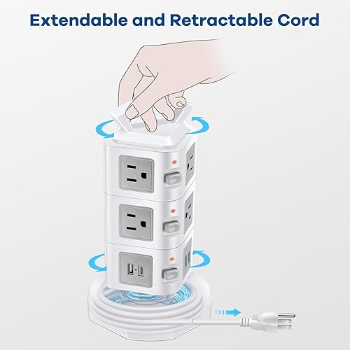 Miniatura 6 de Regleta de alimentación USB C de 10 tomas, protector de sobretensiones de 20 W, cable de extensión retráctil con 4 puertos USB, organizador de