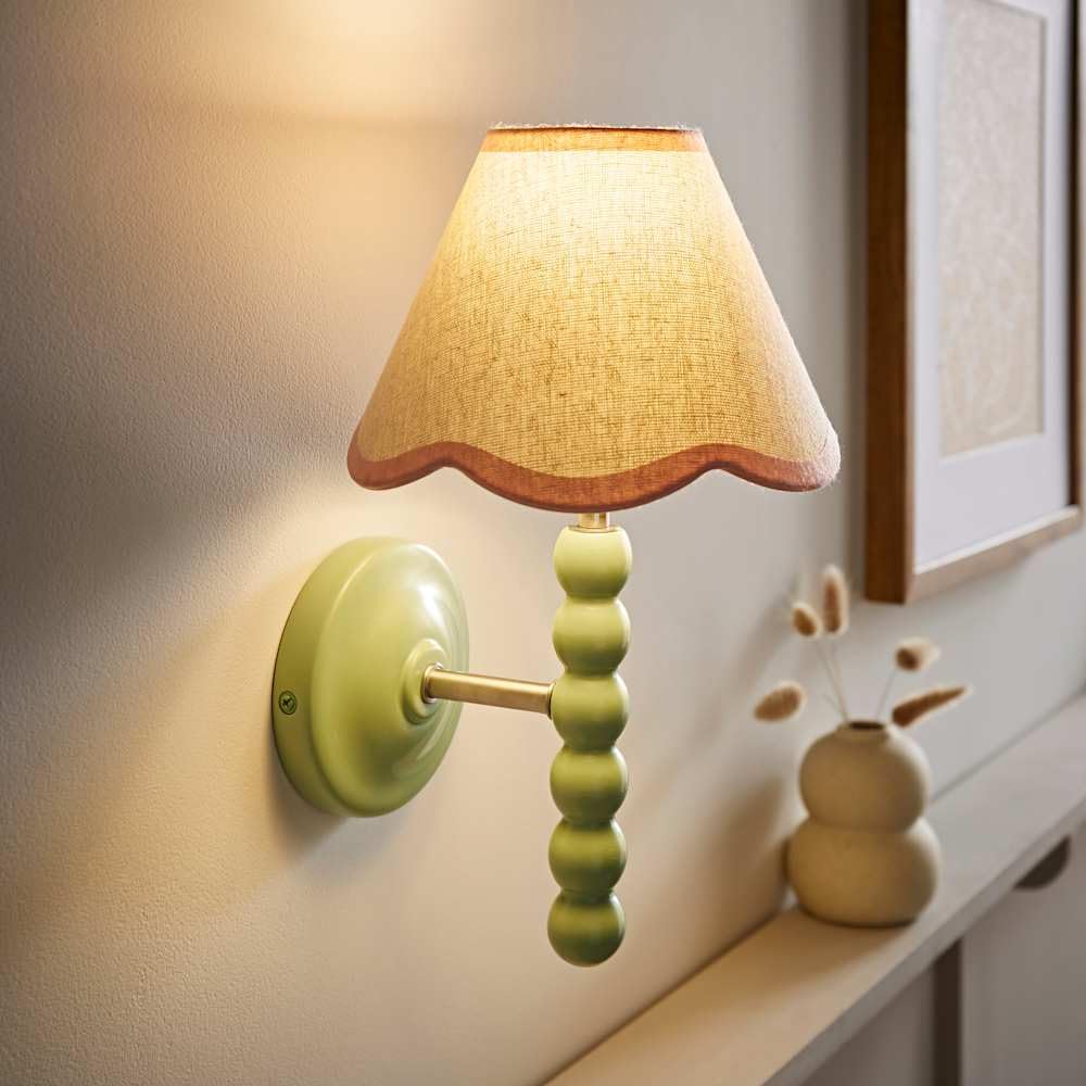 Valuelights Green Bobbin Wall Light With Pink Trim Scallop Shade And Bulb