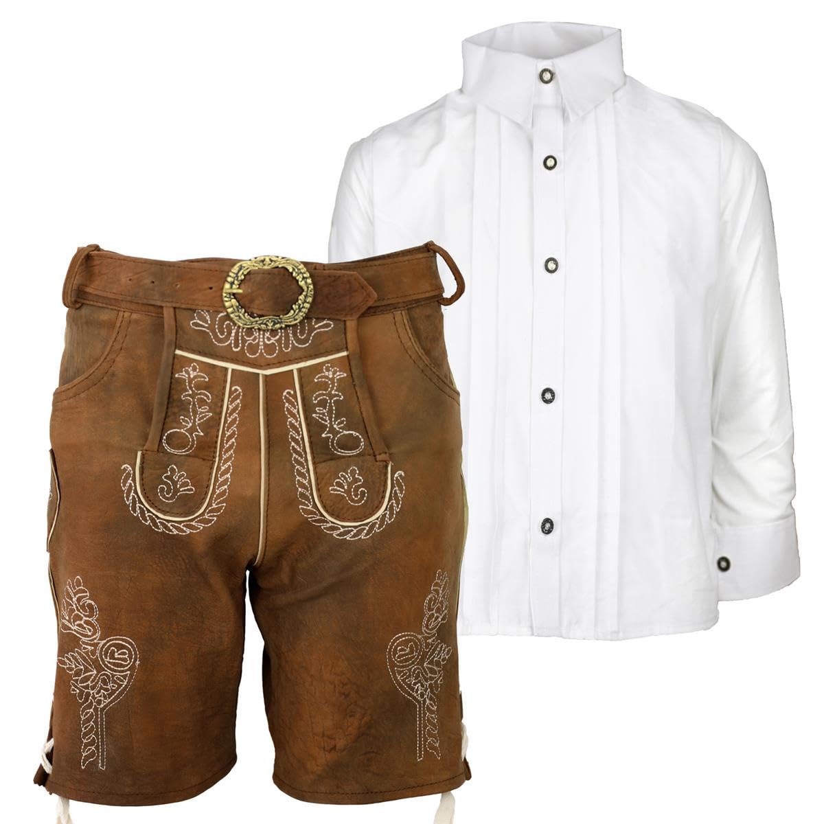 Trachtenset Kinder Lederhose Trachtenhose Jakob Gürtel Antik Braun mit Hemd