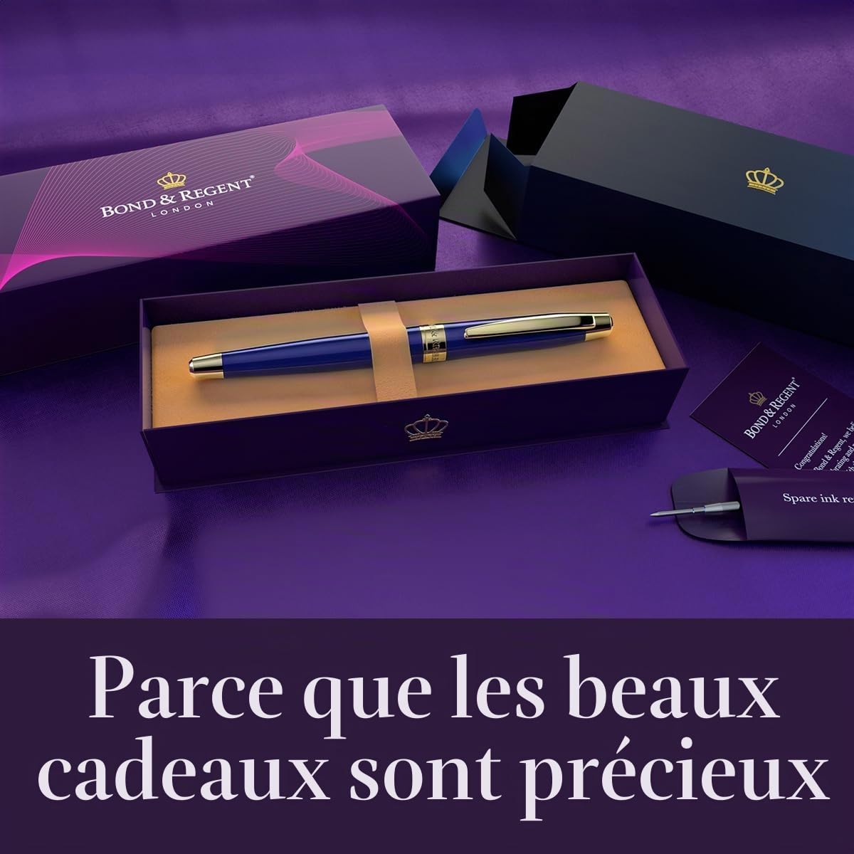 Bond & Regent Stylo à bille bleu roi et or 24 carats – Stylo à bille de luxe certifié | Joli cadeau pour homme et femme