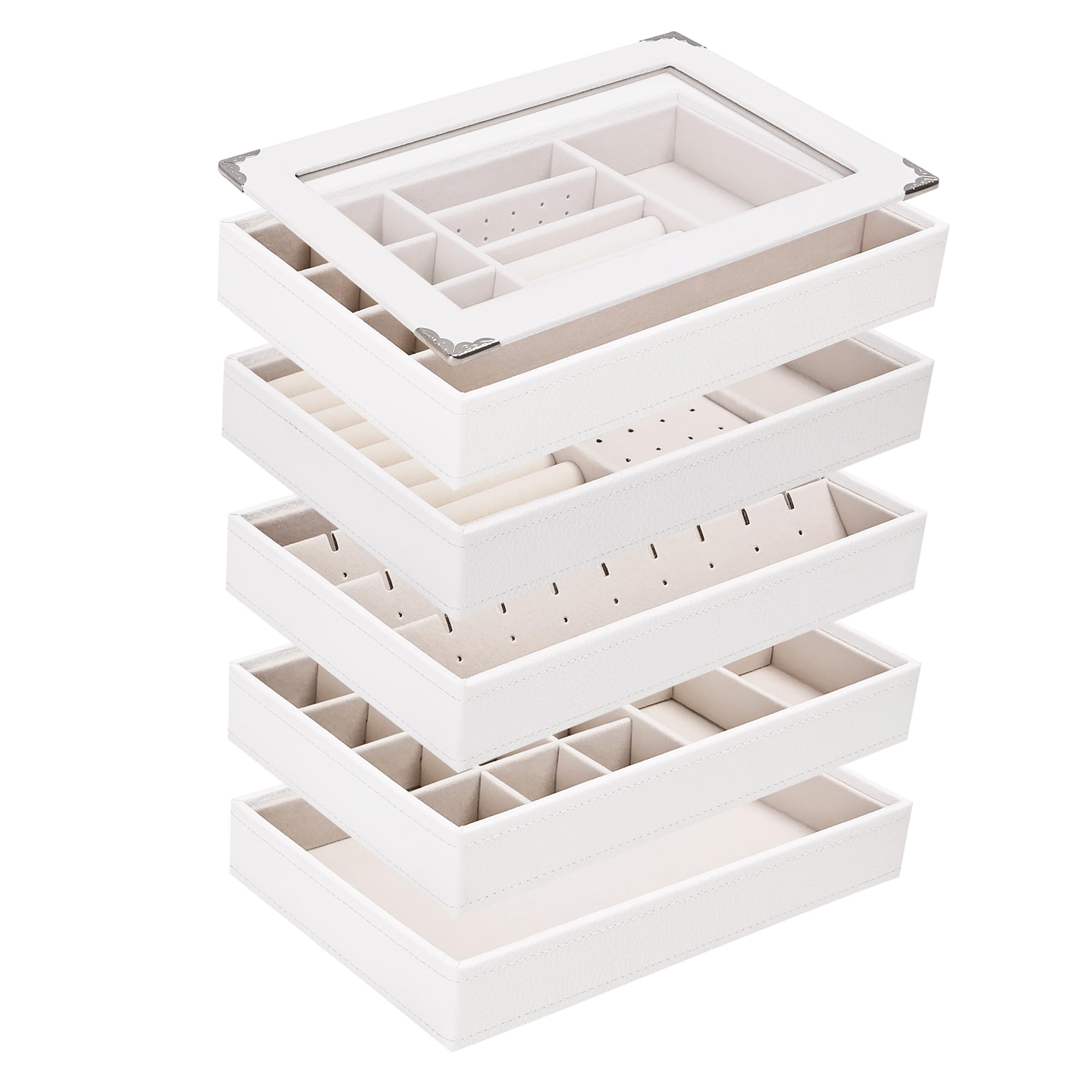 Vassoi per gioielli a 5 strati, impilabili, con coperchio trasparente, vassoio espositore per gioielli per cassetto, grande portagioie (Bianco, Cinque ripiani con coperchi separati)
