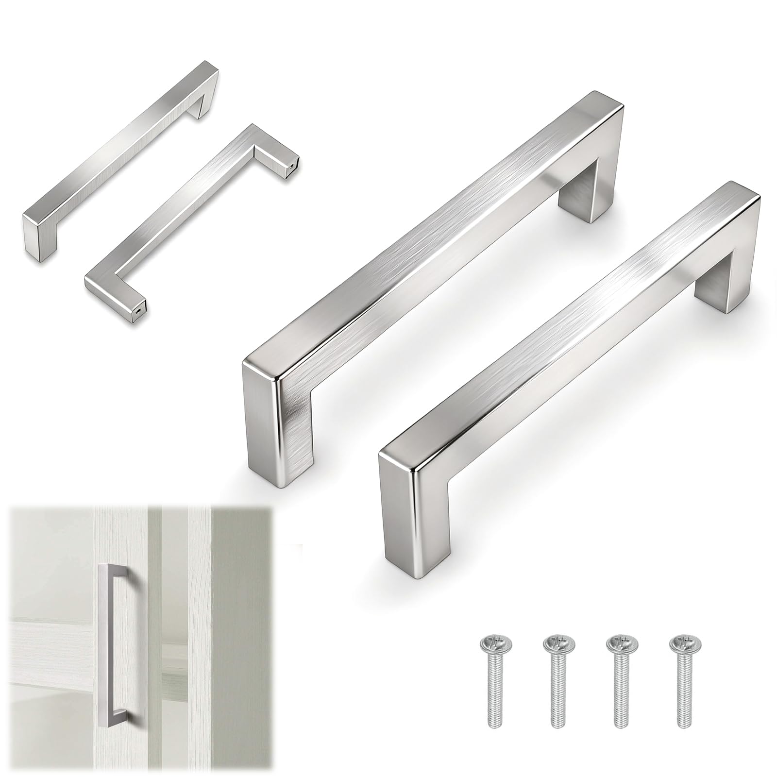 Wjelet 2Pcs Cupboard Handles -Square Bar Drawer Handles Stainless Steel Modern Drawer Pulls,128mm Hole Center for Wardrobe, Furniture, and Kitchen Cabinets(Silver)