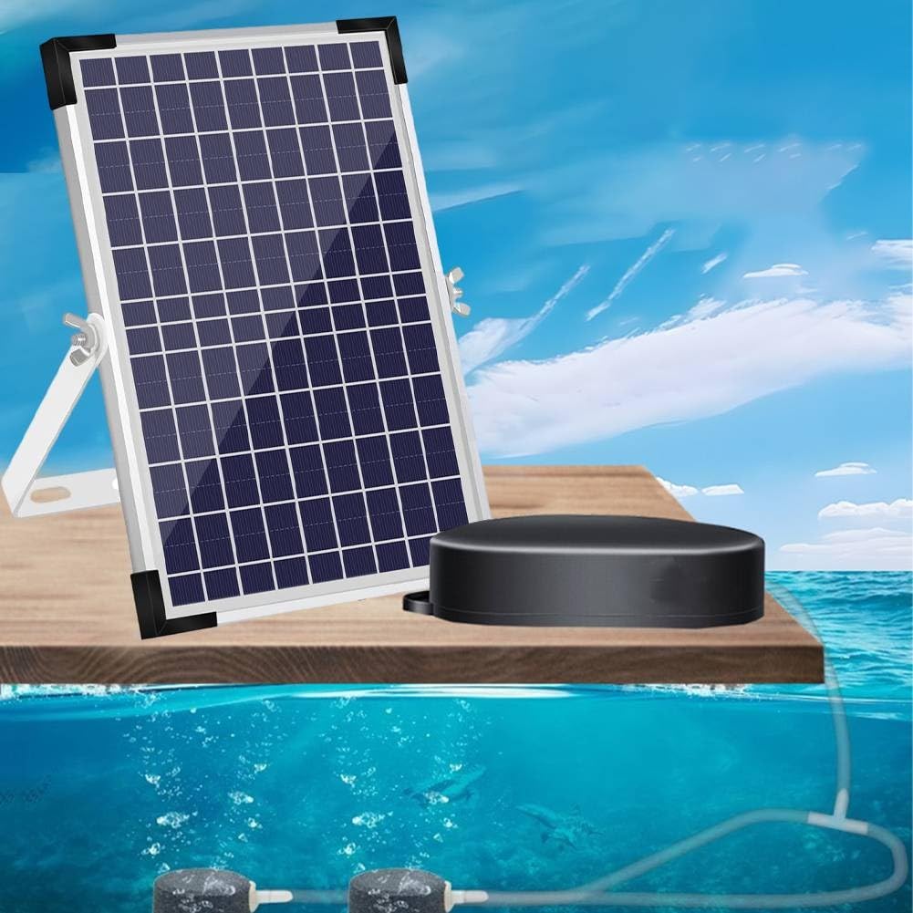 Solar-Teichbelüfter 10W 10V mit Akku 4400mAh und 4 Luftsteinen, 3 Betriebsmodi für Teich, Aquarium und Fischzucht, ABS-Aluminium Gehäuse, bis 110 Stunden Laufzeit