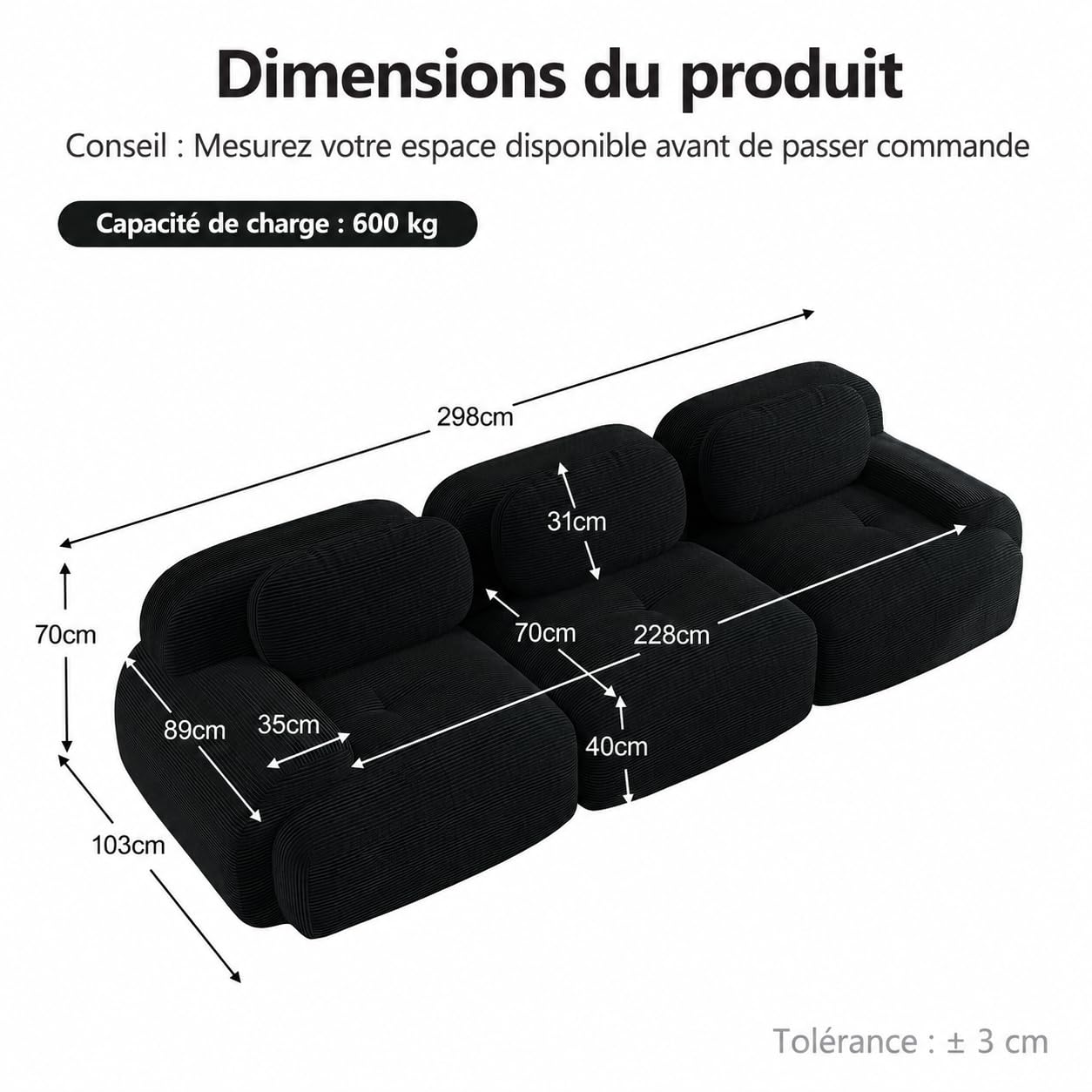 Divano a 3 posti in velluto a coste nero 298x103x70 cm, senza