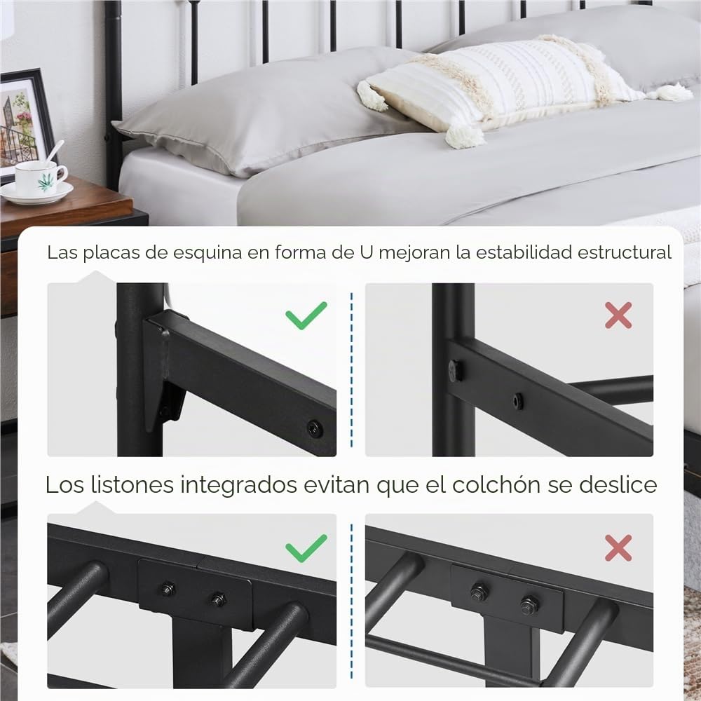 Yaheetech - Cama Individual Doble de Metal, Montaje Simple para Espacios pequeños Adultos, 140 x 200 cm, Color Negro