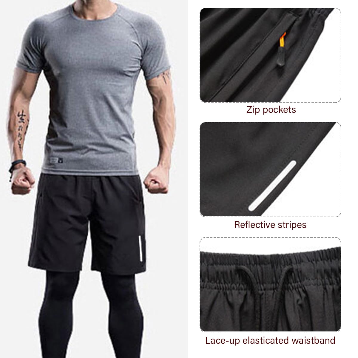 Lot de 3 Short Sport Homme avec Poche Zippée Shorts de Course à Pied Séchage Rapide Leger Pantalon Court Été Respirant Short Running Jogging Fitness pour Hommes, Taille S-6XL