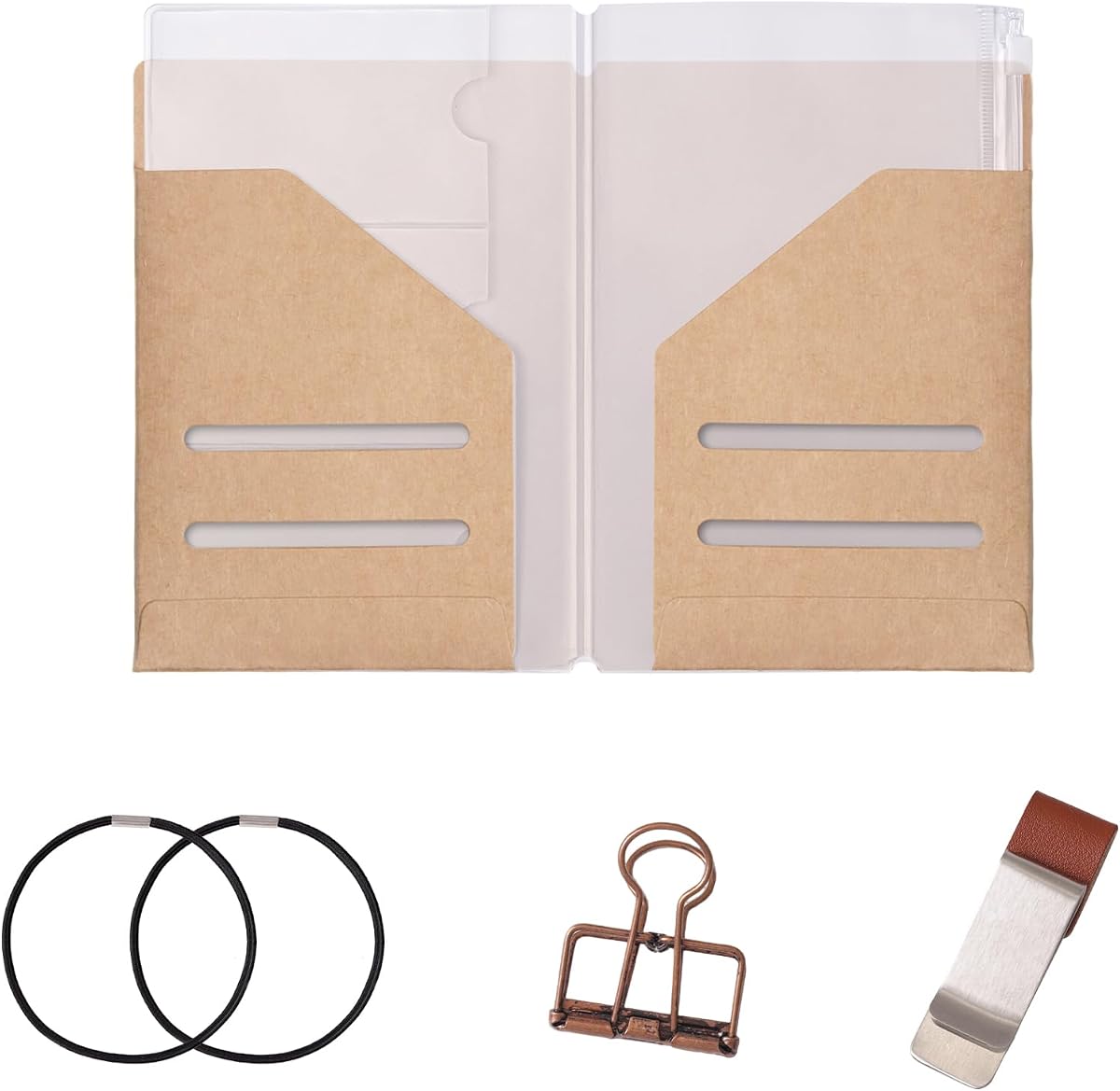 Roadtofree Passport Size Travelers Notebook Accessories Kit - All-in-One Set with Kraft Folder, PVC Zipper Case, Pen Holder, Binder Clip & 2 Elastic Bands for Travel Journal, Daily Use (Kraft, Passport Size 1 PC)