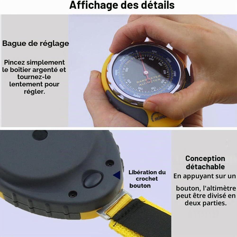 JINYISI Altimètre, altimètre pour la randonnée, altimètre thermomètre boussole mousqueton 4 en 1 multifonction baromètre, baromètre pour l'extérieur