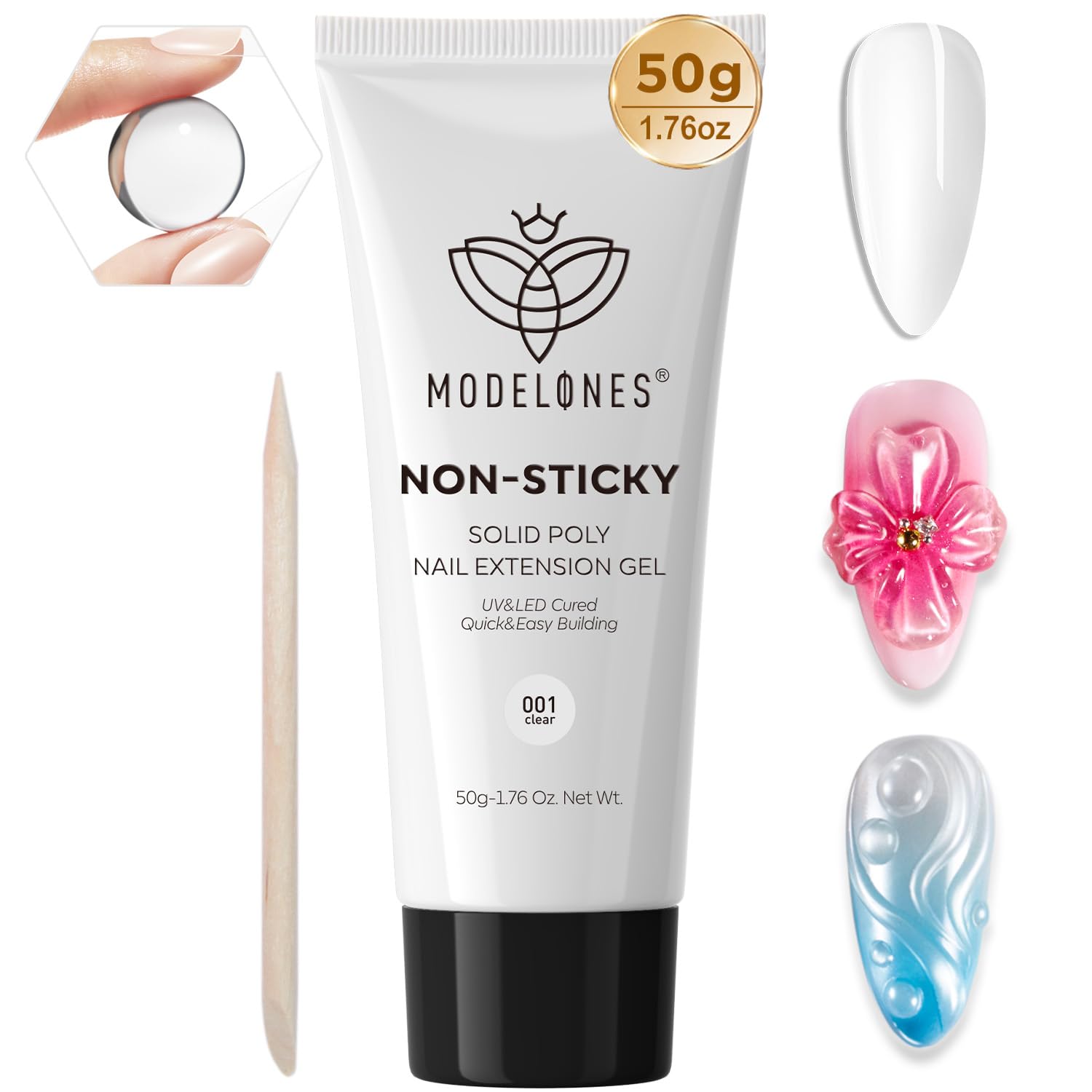 modelones Solid Builder Gel for Nails, Clear Poly Hard Gel Extension for Non-Sticky Apply Upgraded 3D Art Sculpting Molding Starter-friendly 50g