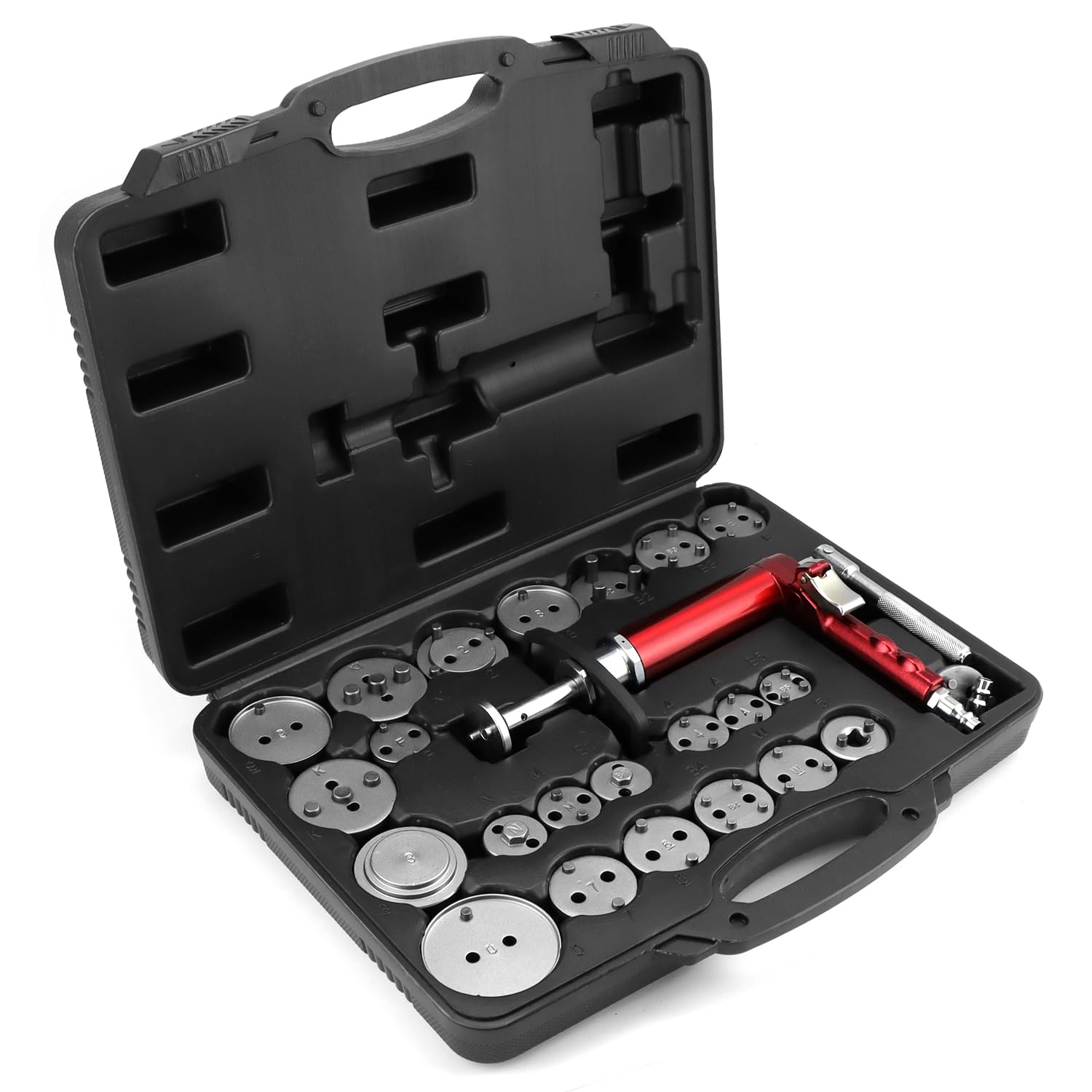 QWORK 24-Piece Pneumatic Brake Caliper Tool Set with Case – Compatible with American, European, Japanese Vehicles, Includes Rewind Tool, Adapters,
