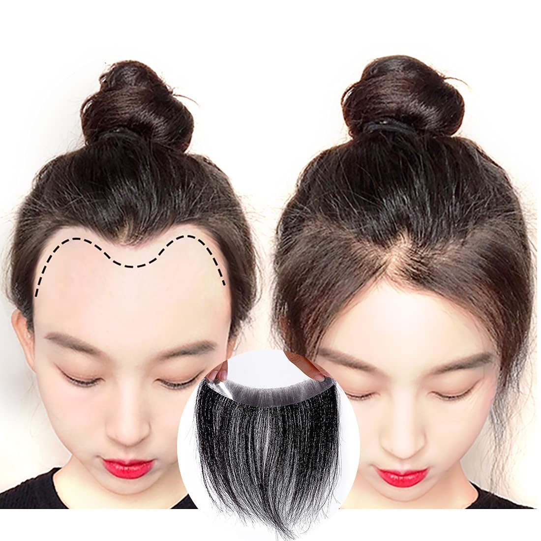 Frontal Hairpiece for Women Jet Black Hair Extension Hairline Loss Straight Tape in Human Hair Toppers Replacement Toupee (0.78"x6.3", 6", Jet Black)