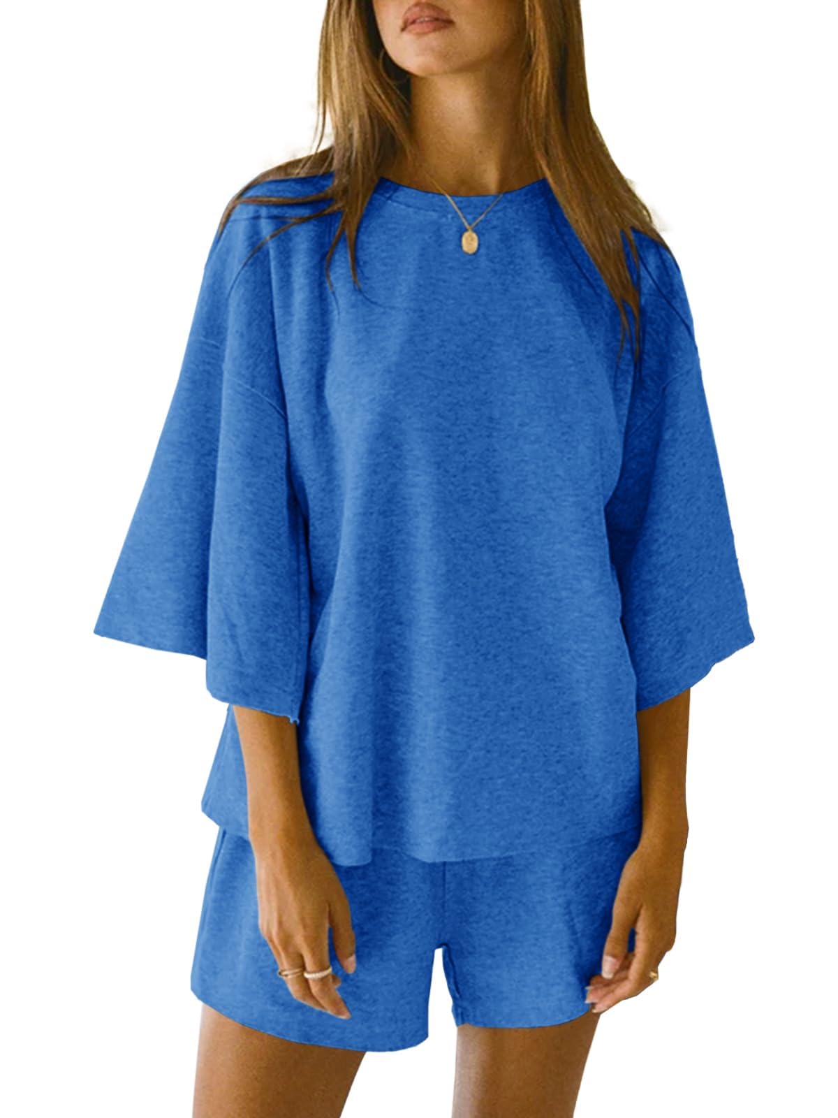 Imily Bela Schlafanzug Damen Kurz Rundhals Pyjama Set Sommer 3/4 Ärmel Nachtwäsche Locker Lässig