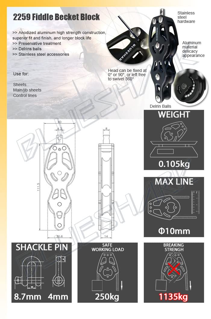 Blue Shark-Sailing Pulley Blocks Ball Bearing 38mm 2258