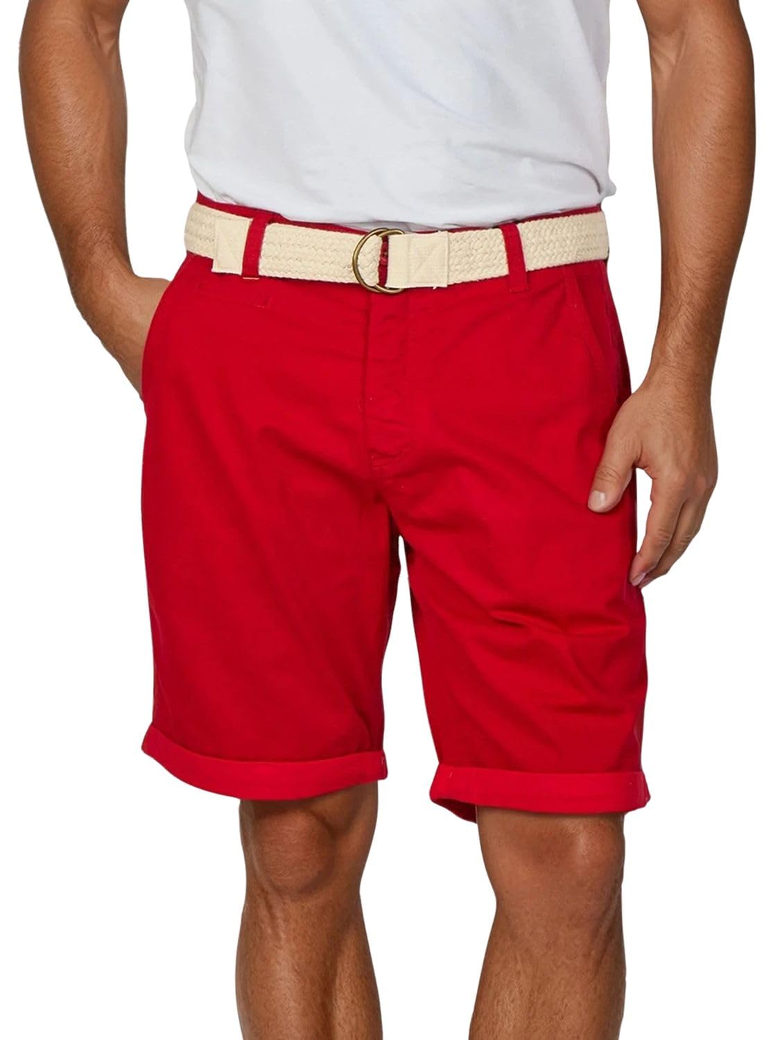riverso Men's Chino Shorts RIVHenry Belted Bermuda Shorts 98% Cotton Light Blue Dark Blue Navy Red Green Orange Beige Grey w30 - w42, Size: W 34, Colour: Middle Red