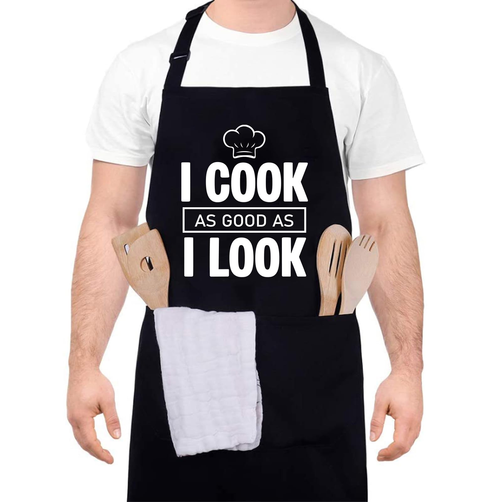 ViEinkaufen Funny Aprons with Pockets for Men (Black I Cook)